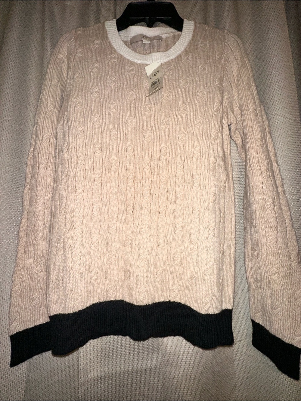 LOFT Petite XXSP Cable Knit Sweater Beige Wool Rabbit Hair Blend Contrast Trim